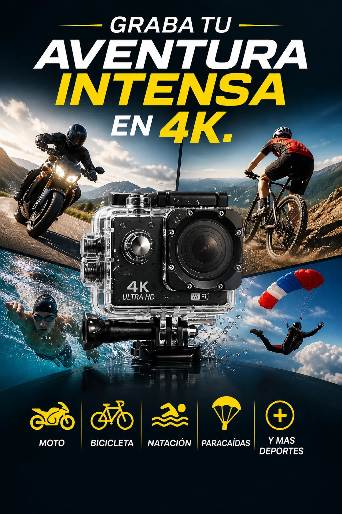 CÁMARA 4K PARA MOTO Y DEPORTES EXTREMOS-SUMERGIBLE-WIFI-2160P